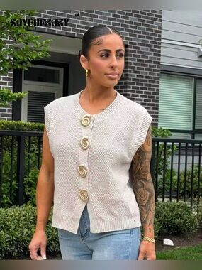 Sleeveless Casual Cream Metal Buckle Button-Front Knit Sweater Vest/ Cardigan